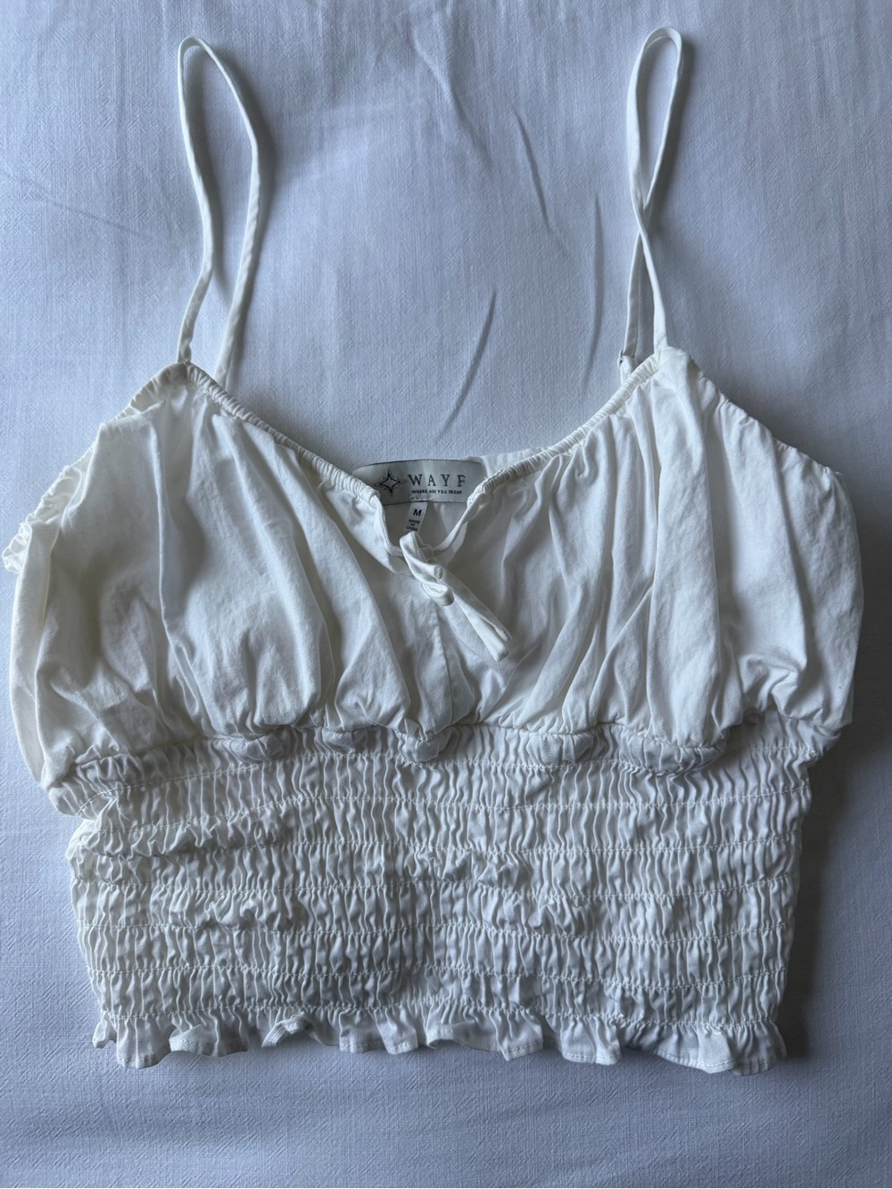 Wayf White Cotton Smocked Cropped Cami Top